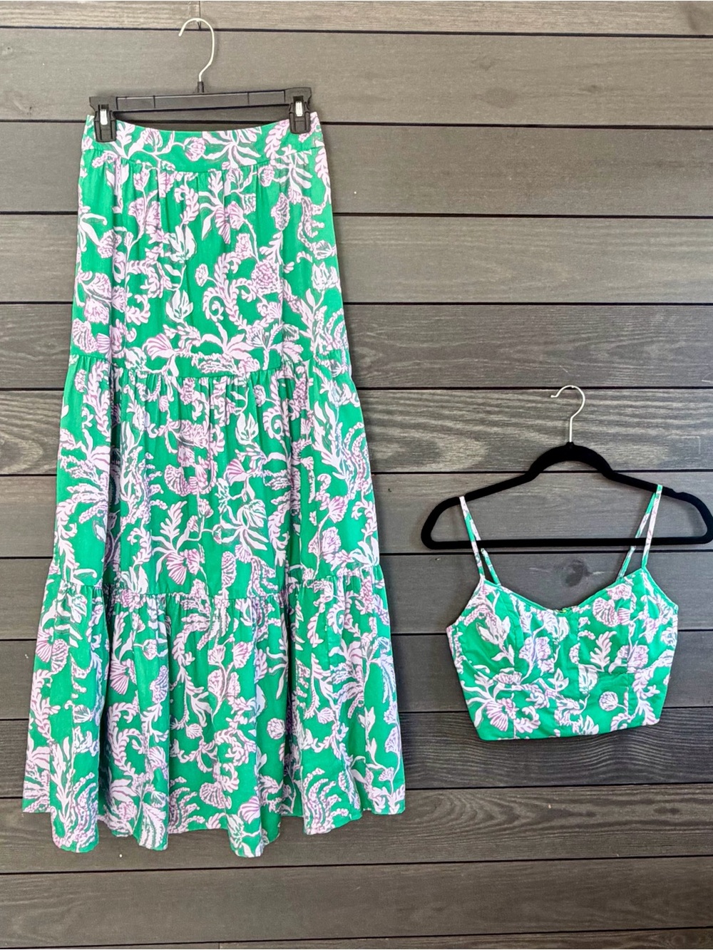 Lilly Pulitzer Green & Pink Floral Tiered Maxi Skirt Set